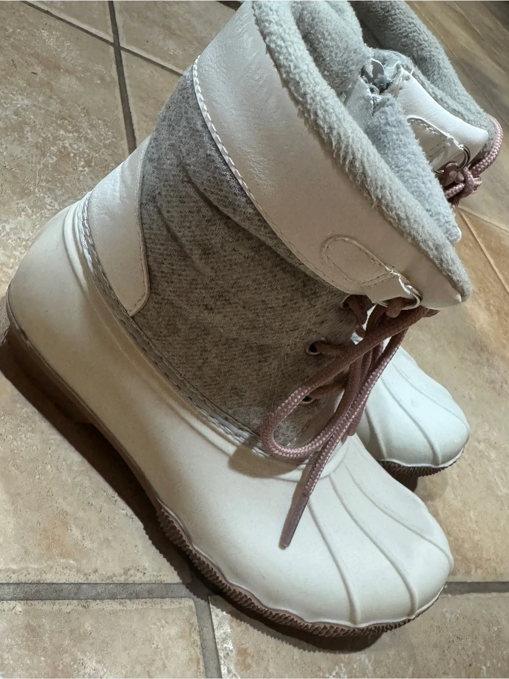 Kids White and Gray Winter Snow Boots with Pink Laces